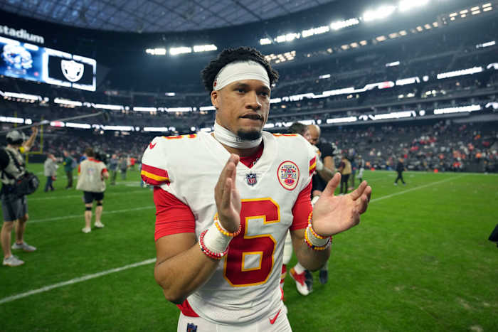 Jan 7, 2023; Paradise, Nevada, USA; Kansas City Chiefs safety Bryan Cook (6) reacts after the game against the Las Vegas Raiders at Allegiant Stadium. Mandatory Credit: Kirby Lee-USA TODAY Sports